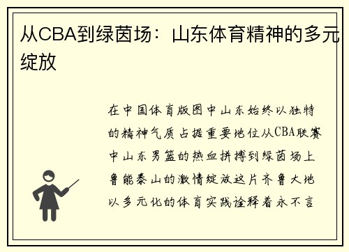 从CBA到绿茵场：山东体育精神的多元绽放
