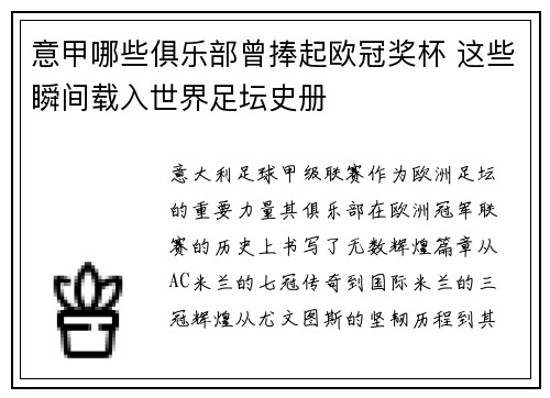 意甲哪些俱乐部曾捧起欧冠奖杯 这些瞬间载入世界足坛史册